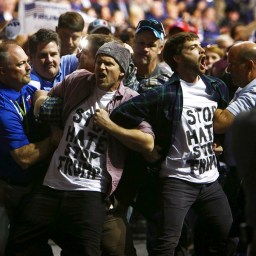 Protesters are removed from a Donald Trump rally at the Crown Center Coliseum in Fayetteville, N.C., March 9, 2016. A number of the violent incidents at Trumpís raucous rallies have had racial overtones. (Travis Dove/The New York Times)